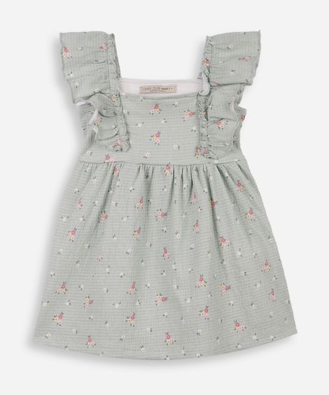 vestido infantil texturizado floral verde