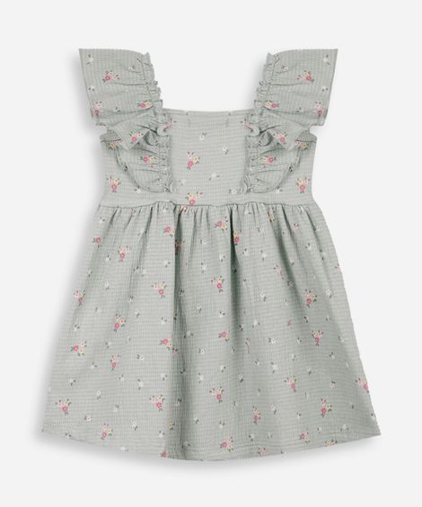 vestido infantil texturizado floral verde