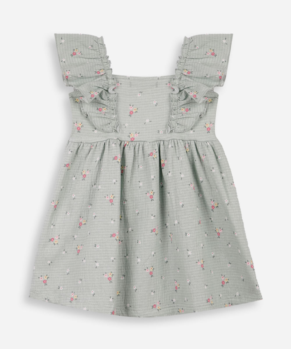 vestido infantil texturizado floral verde