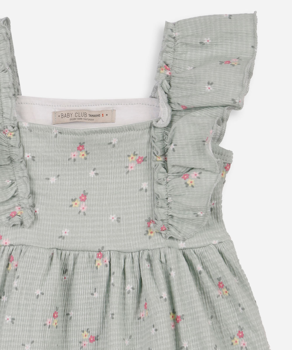 vestido infantil texturizado floral verde