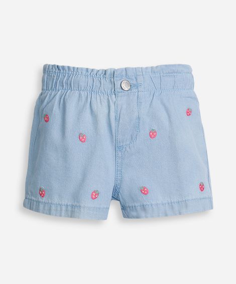 shorts infantil jeans bordado moranguinho azul
