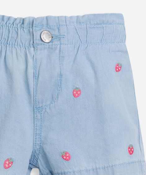 shorts infantil jeans bordado moranguinho azul