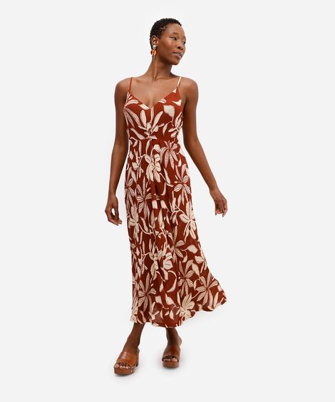 vestido feminino plissado estampa floral marrom