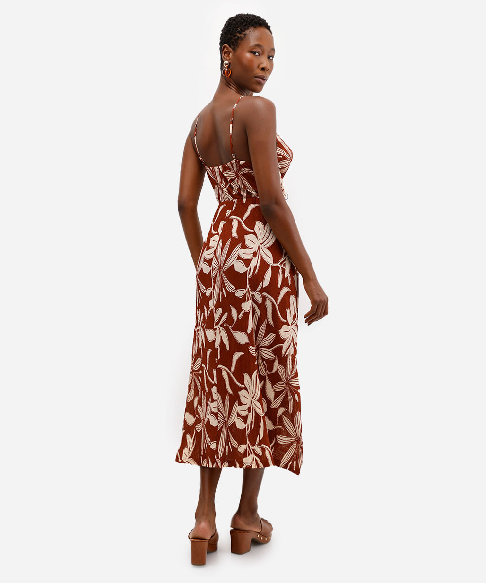 vestido feminino plissado estampa floral marrom