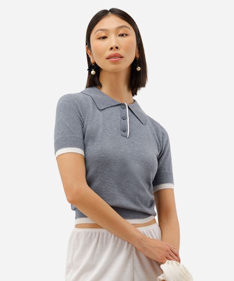 polo feminina dupla camada botões cinza