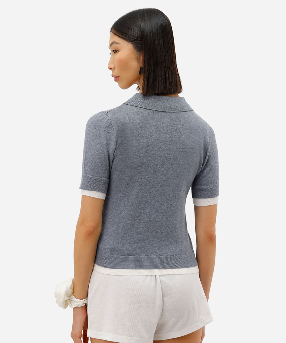 polo feminina dupla camada botões cinza
