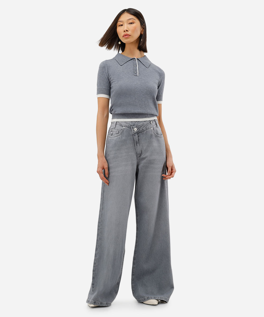 polo feminina dupla camada botões cinza