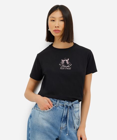 camiseta feminina lettering plot preta