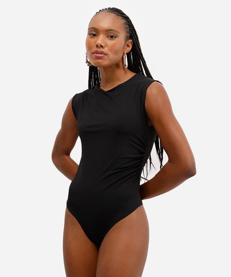body feminino de poliamida franzido preto