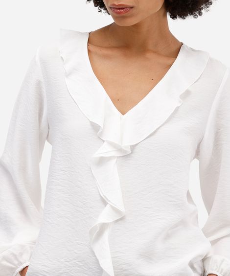 blusa feminina com babado manga longa off white