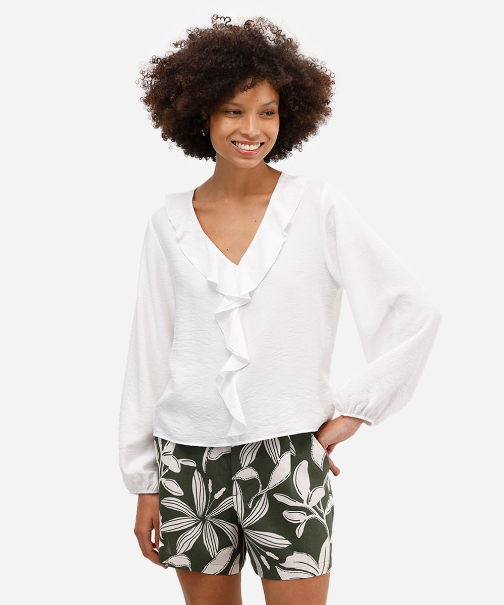 blusa feminina com babado manga longa off white