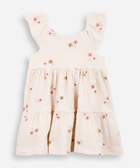 vestido infantil de algodão com recortes floral texturizado off white
