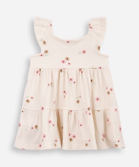 vestido infantil de algodão com recortes floral texturizado off white