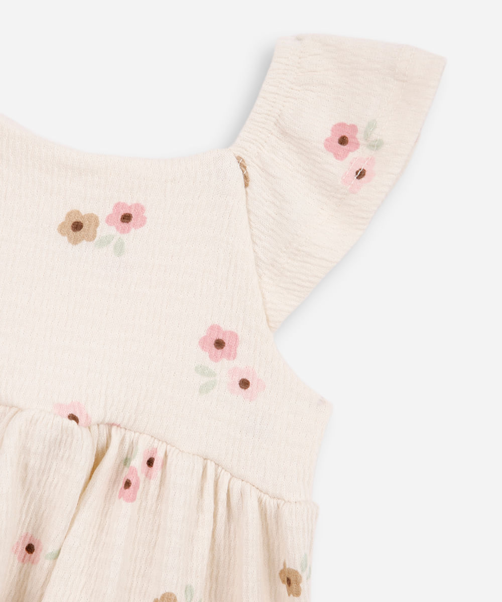 vestido infantil de algodão com recortes floral texturizado off white