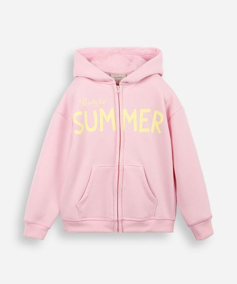 blusão juvenil de moletom felpado com capuz estampado rosa