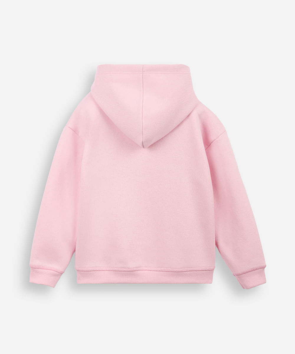 blusão juvenil de moletom felpado com capuz estampado rosa