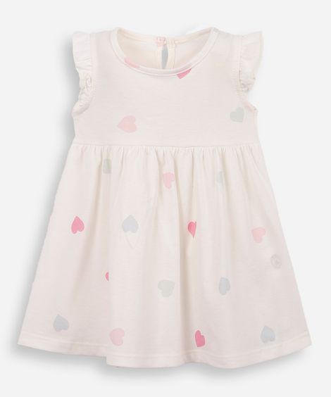 vestido infantil de algodão manga curta corações off white