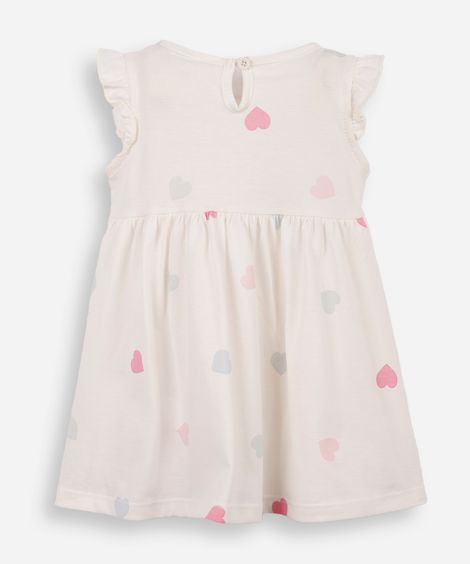 vestido infantil de algodão manga curta corações off white