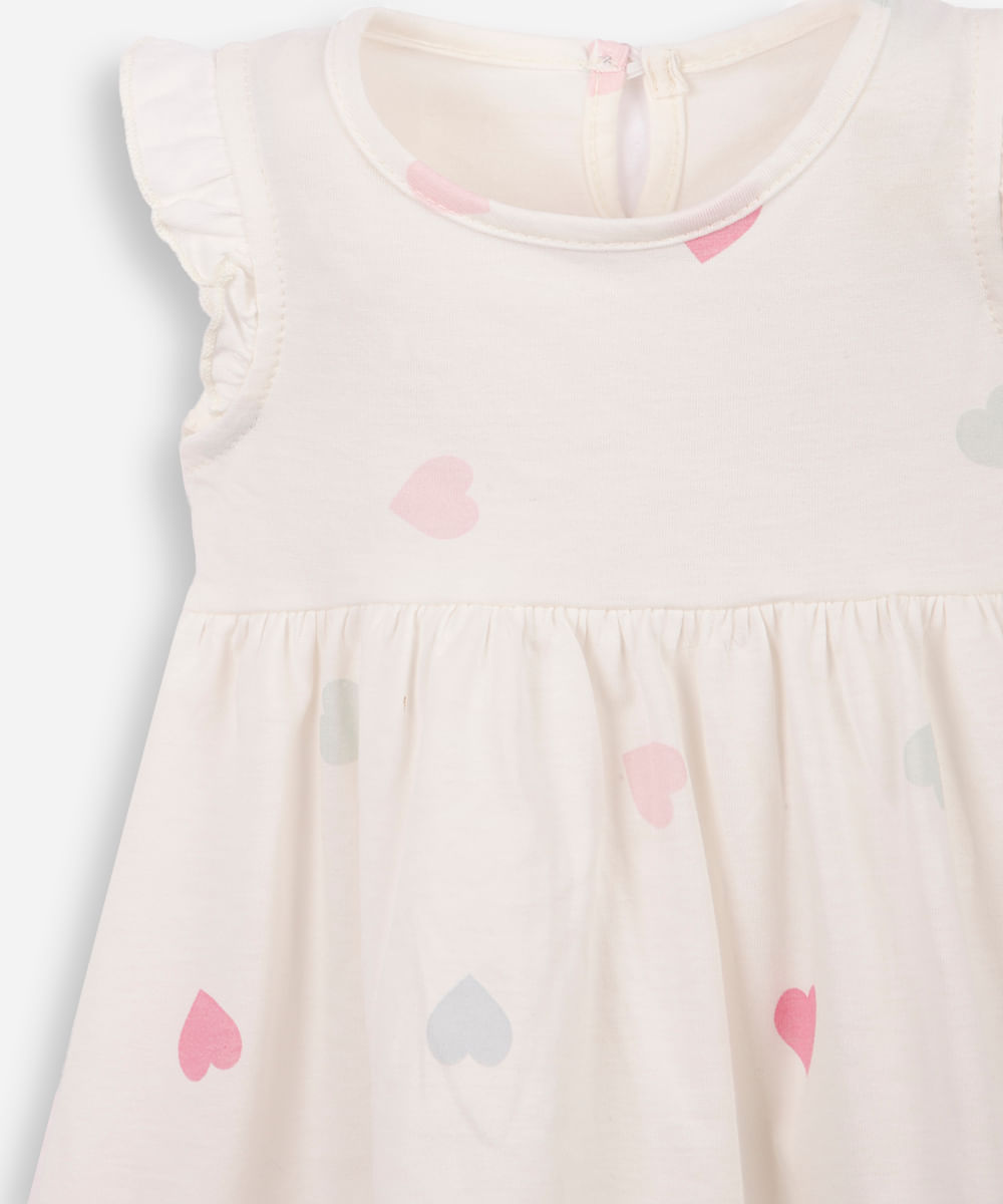 vestido infantil de algodão manga curta corações off white