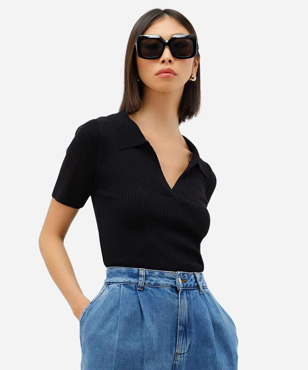 polo feminina tricot canelado preta