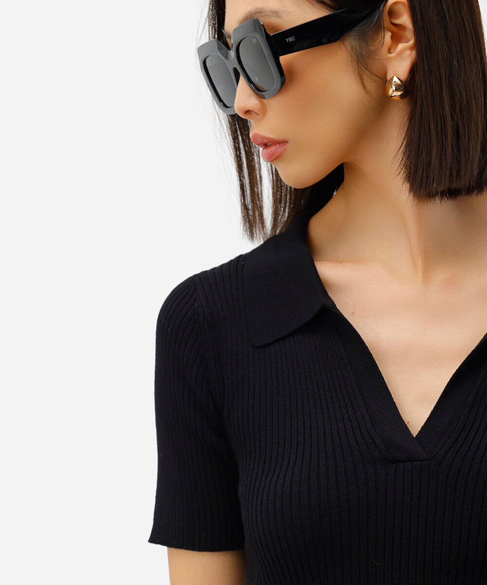 polo feminina tricot canelado preta