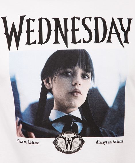 camiseta juvenil de algodão wandinha off white