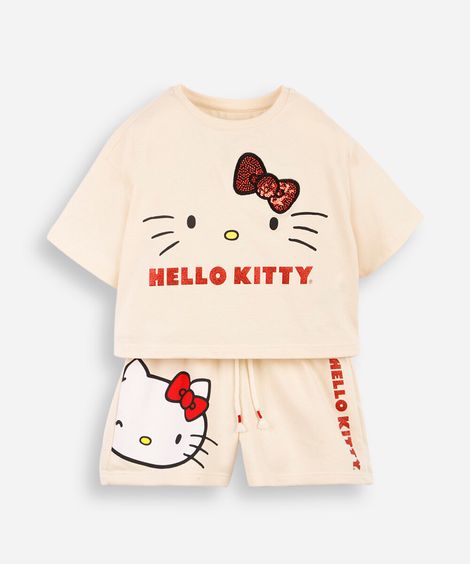 conjunto infantil curto hello kitty paetê bege