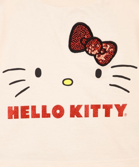 conjunto infantil curto hello kitty paetê bege