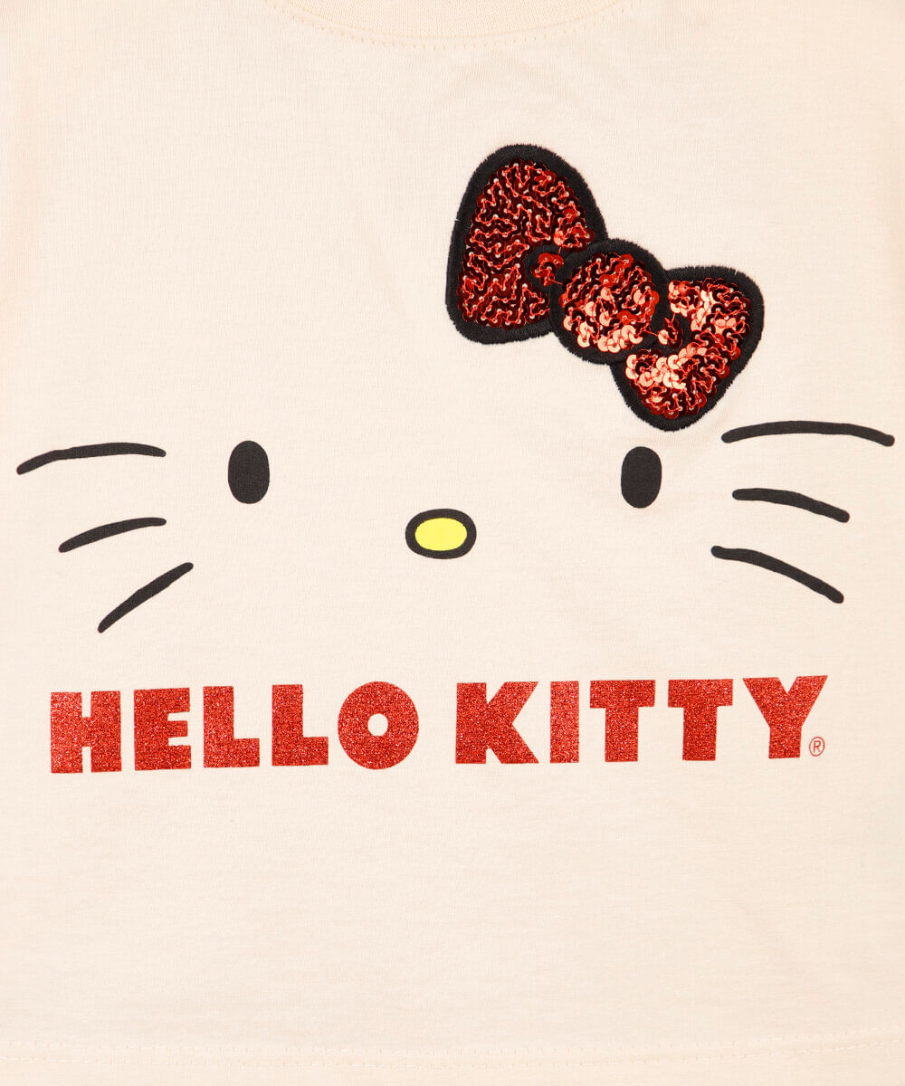 conjunto infantil curto hello kitty paetê bege