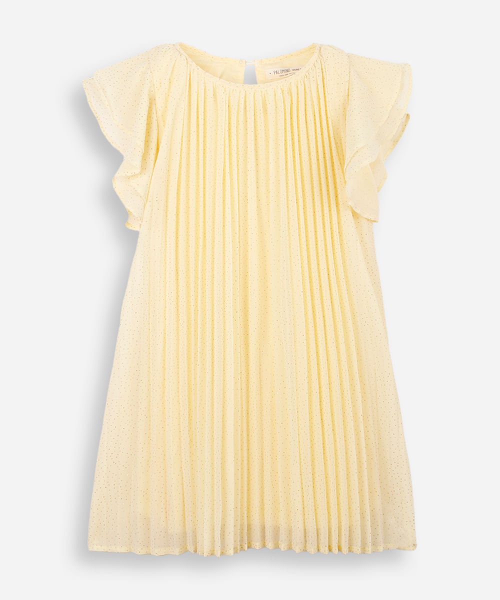 vestido infantil plissado com brilhos amarelo