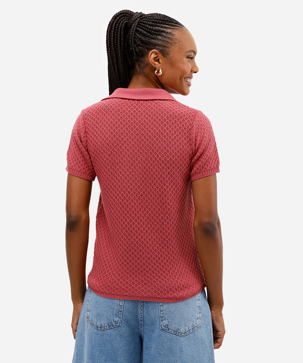 polo feminina de tricot manga curta texturizada rosa