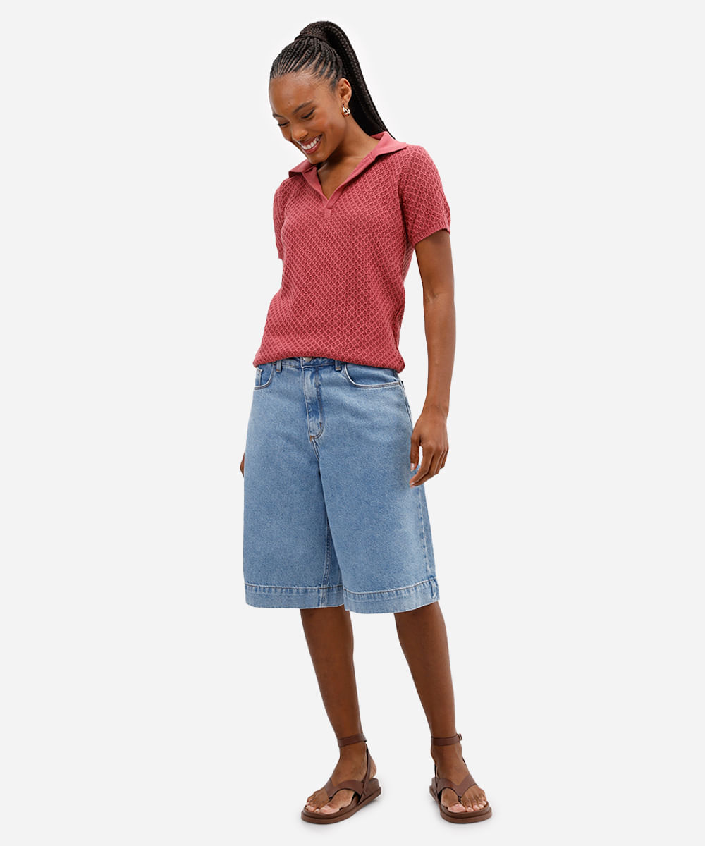 polo feminina de tricot manga curta texturizada rosa