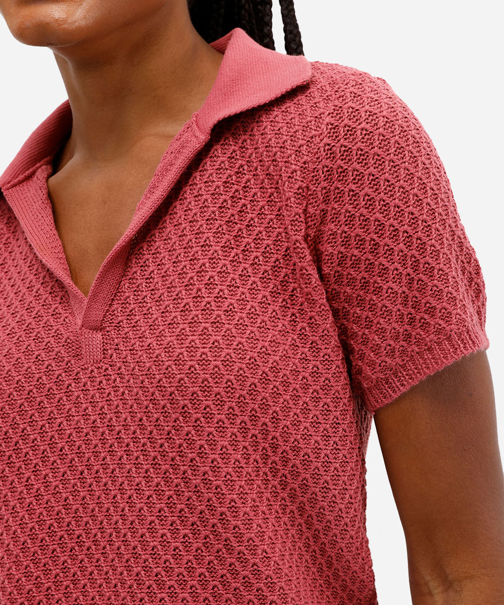 polo feminina de tricot manga curta texturizada rosa
