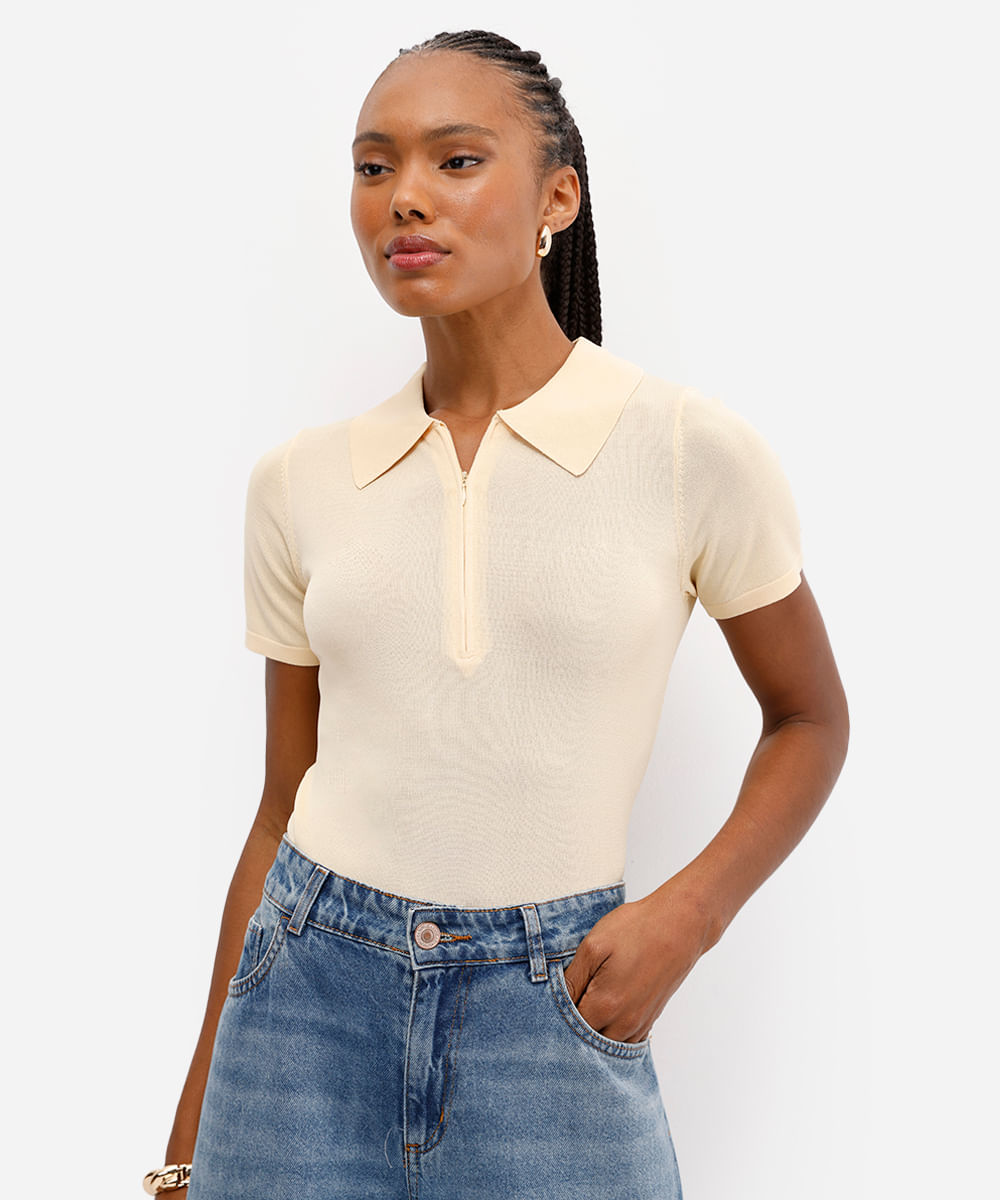 polo feminina zíper invisível em tricot  amarela