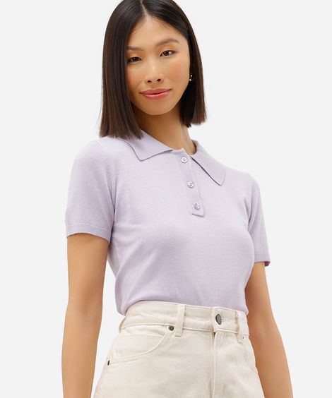 polo feminina de tricot manga curta lilás