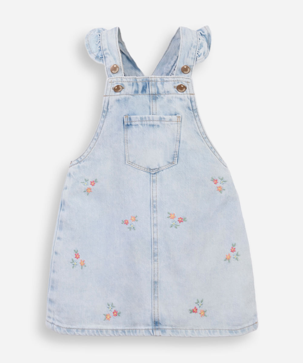 salopete infantil jeans com bordado floral azul