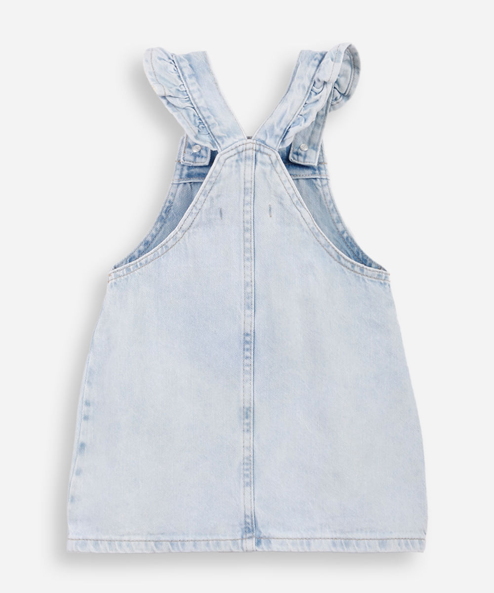 salopete infantil jeans com bordado floral azul