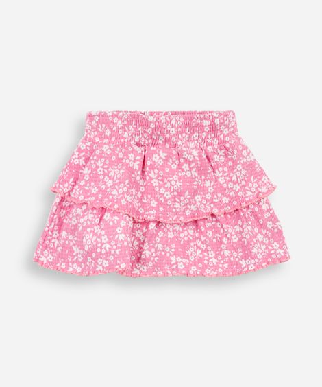 saia curta infantil de algodão floral texturizada rosa