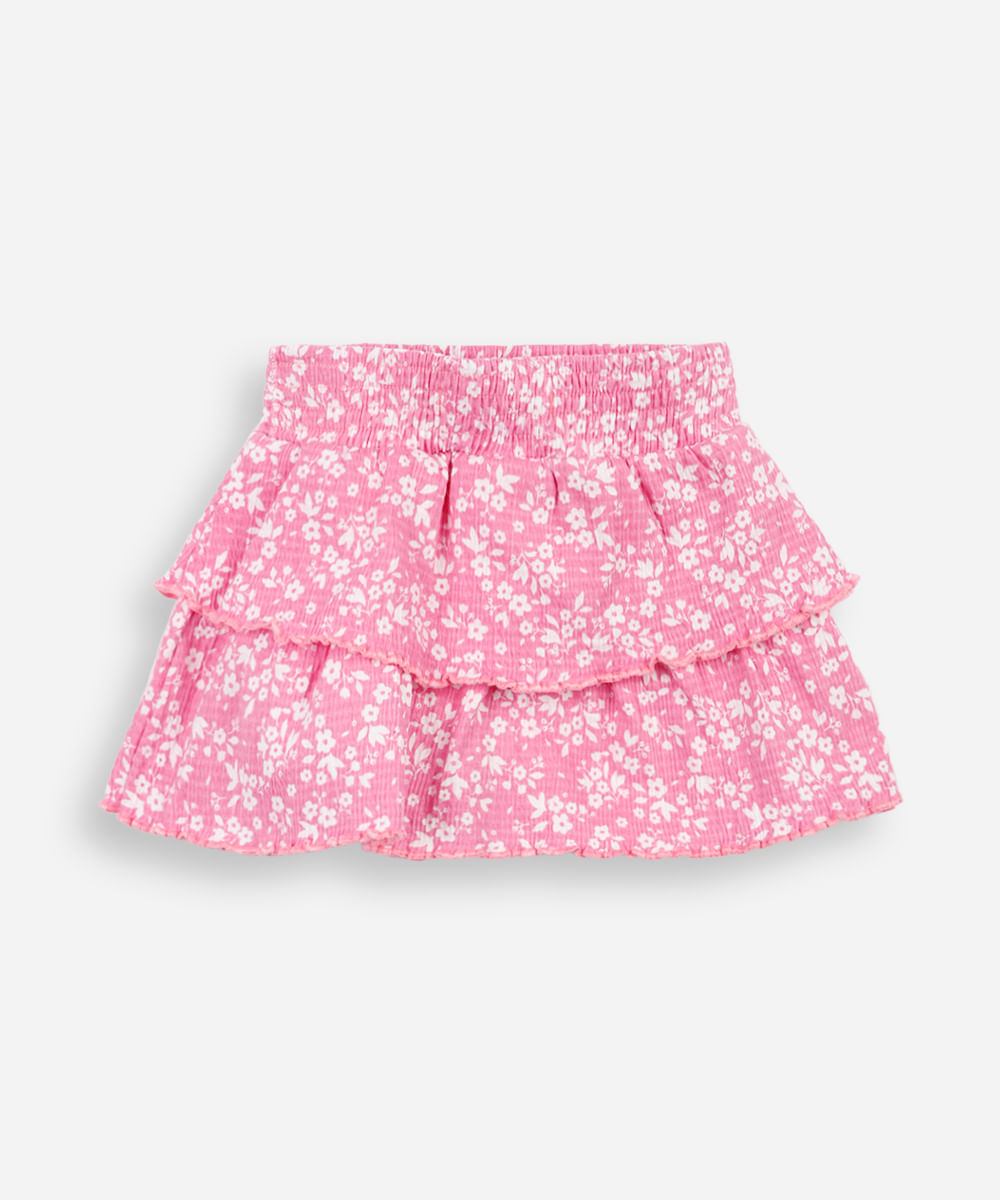 saia curta infantil de algodão floral texturizada rosa