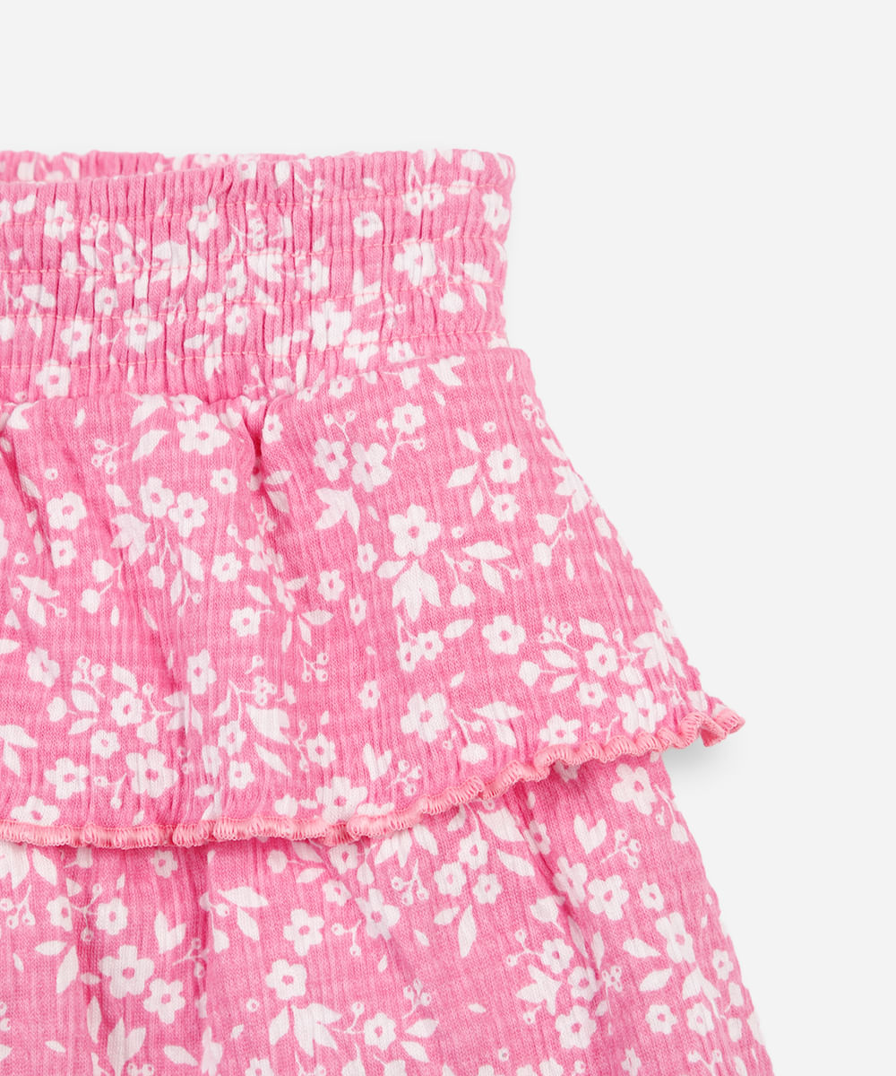 saia curta infantil de algodão floral texturizada rosa