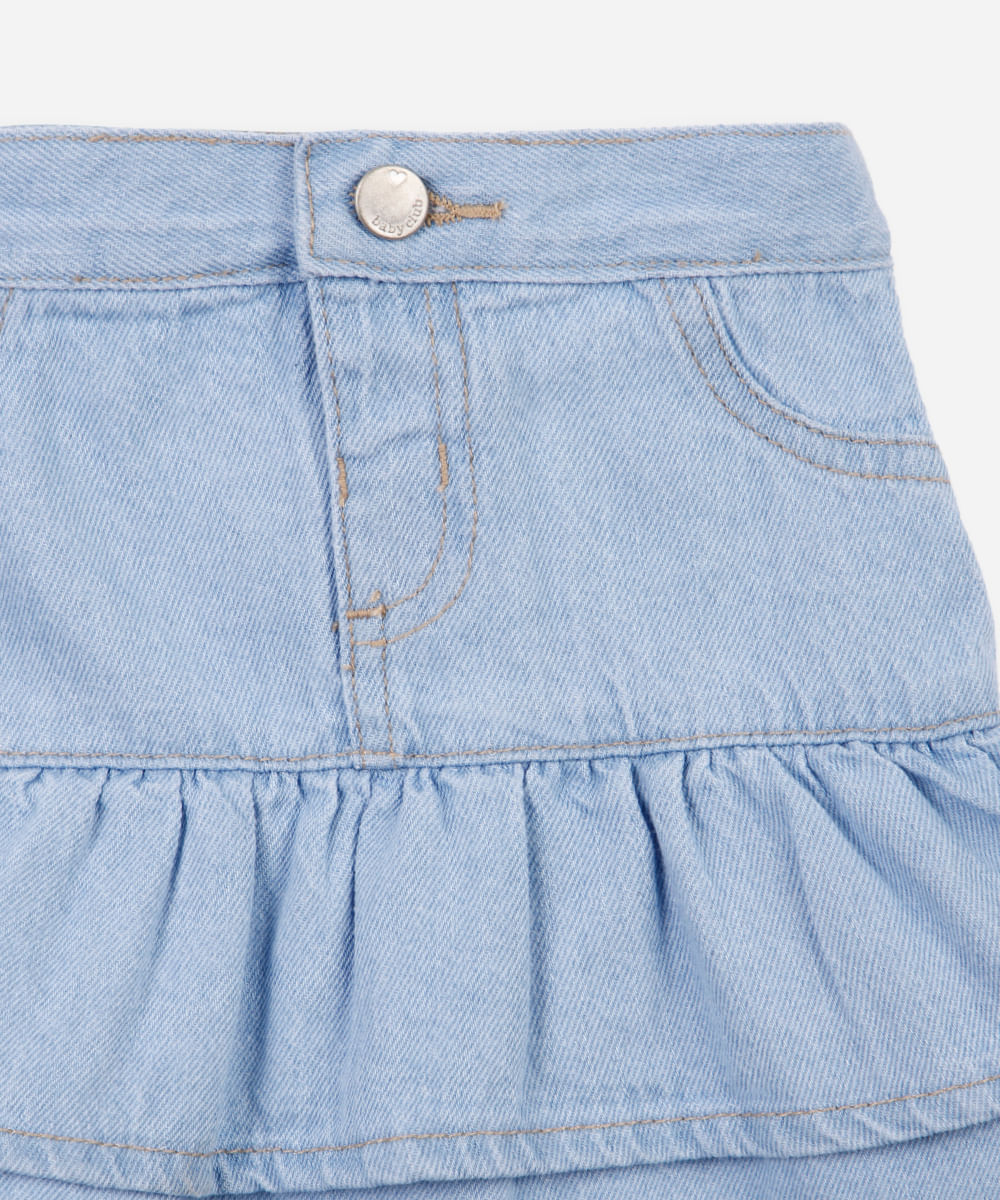 saia curta infantil jeans com babados azul