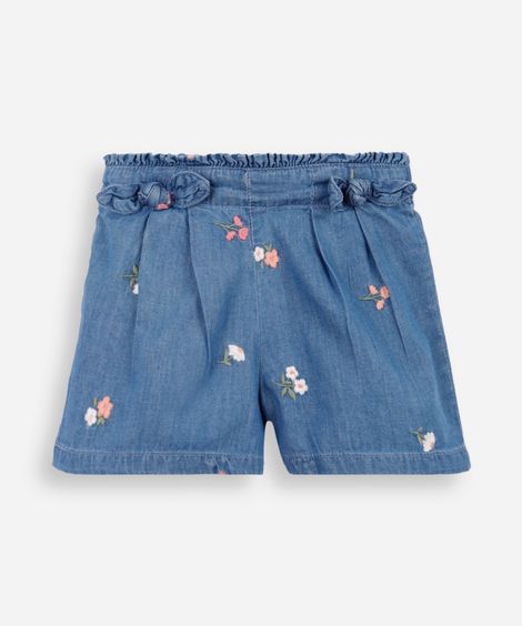 short clochard infantil jeans com bordados floral azul