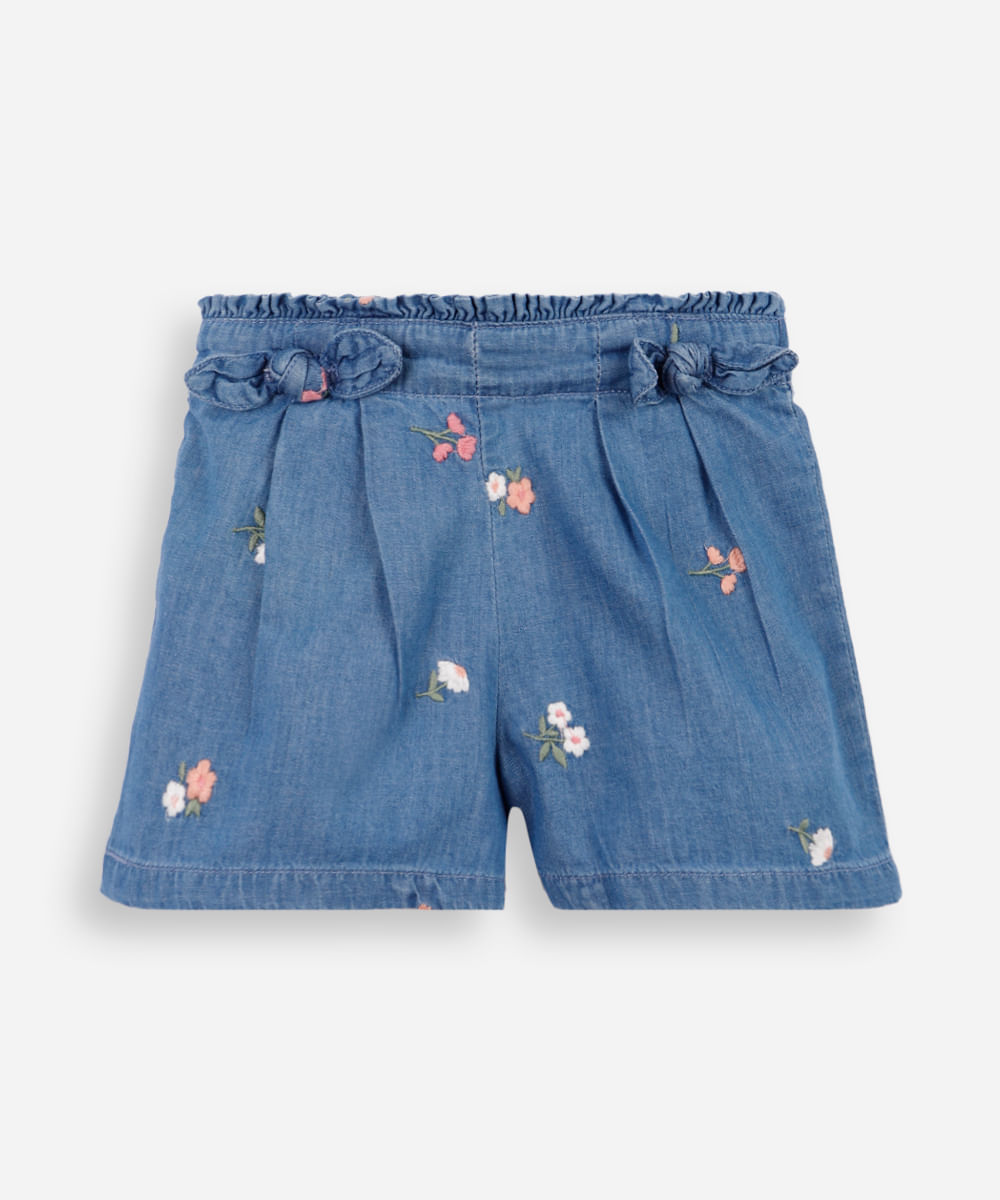 short clochard infantil jeans com bordados floral azul