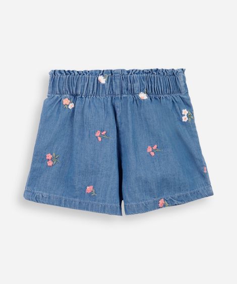 short clochard infantil jeans com bordados floral azul