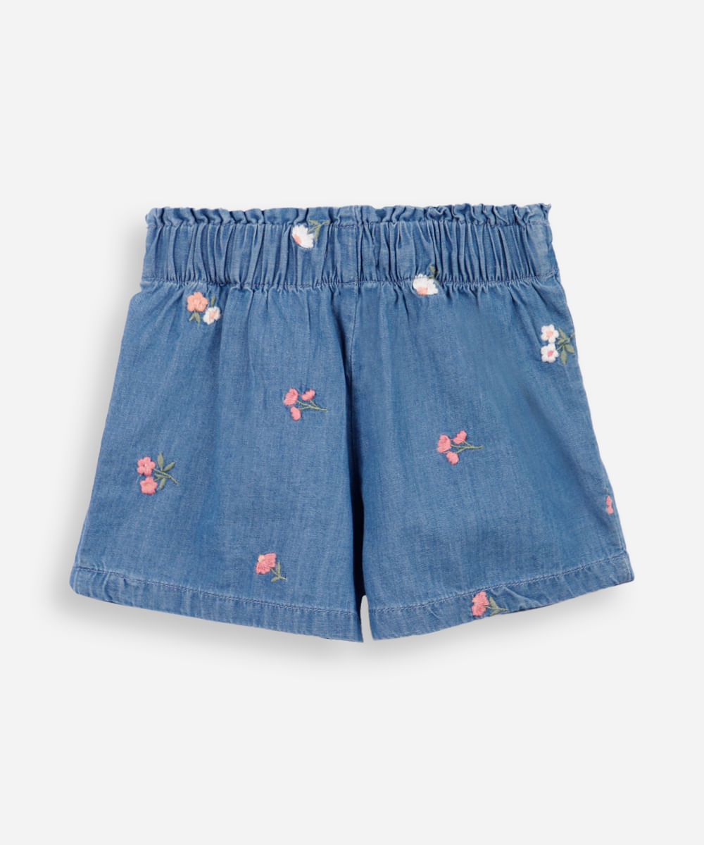 short clochard infantil jeans com bordados floral azul