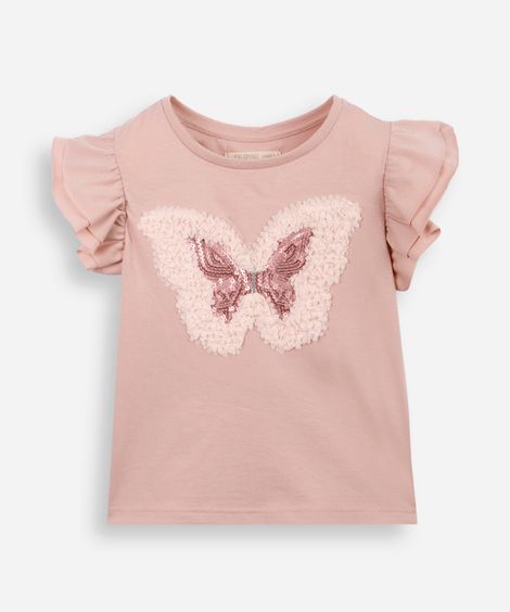 blusa infantil de algodão bordado borboleta com paetê rosa