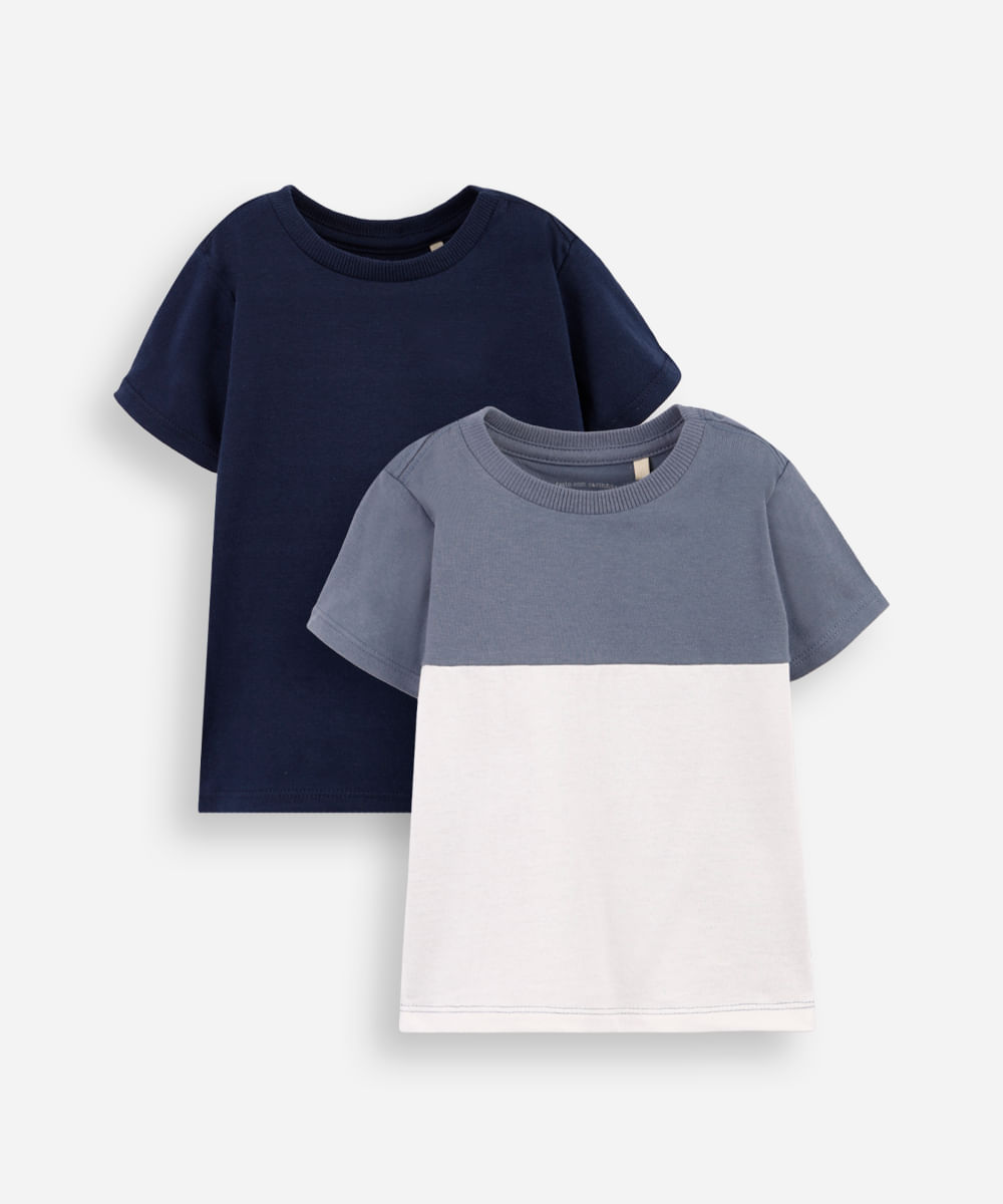 kit de 2 camisetas infantis de algodão azul