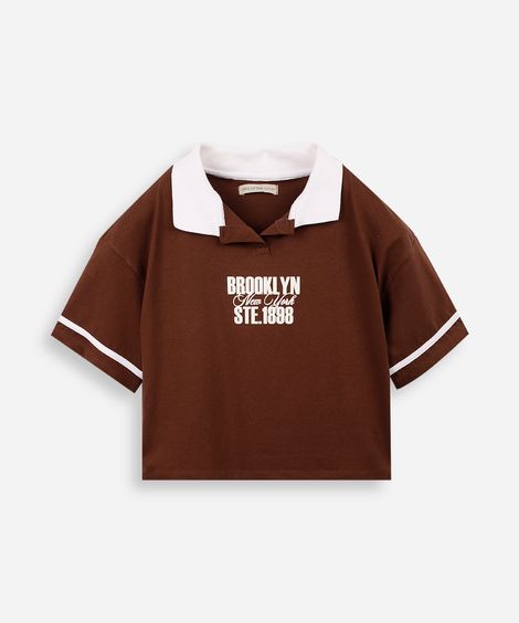 polo cropped juvenil de moletom bicolor marrom