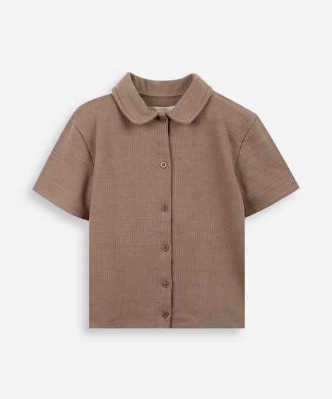 camisa infantil manga curta malha texturizada bege