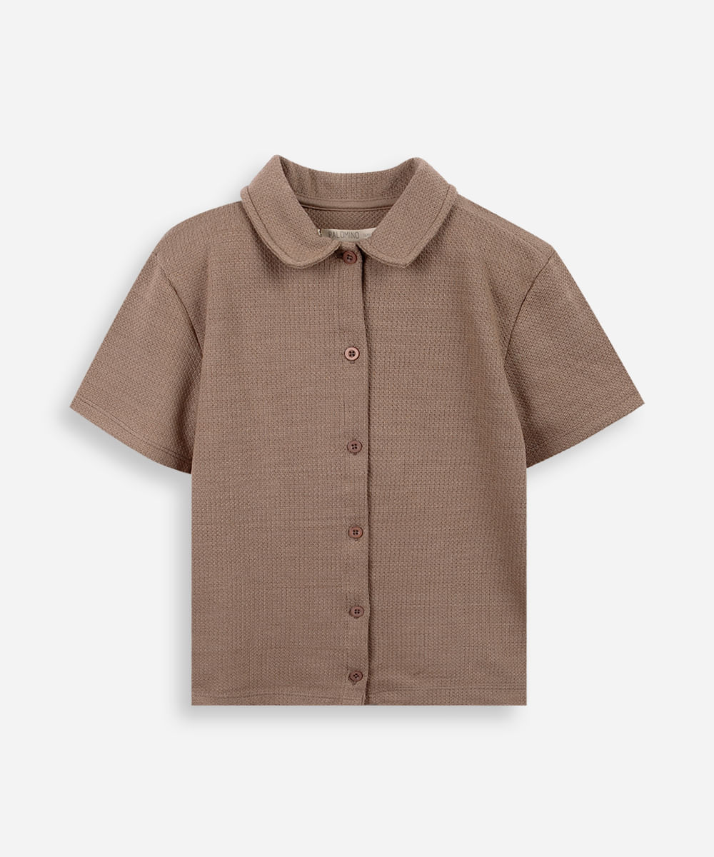 camisa infantil manga curta malha texturizada bege